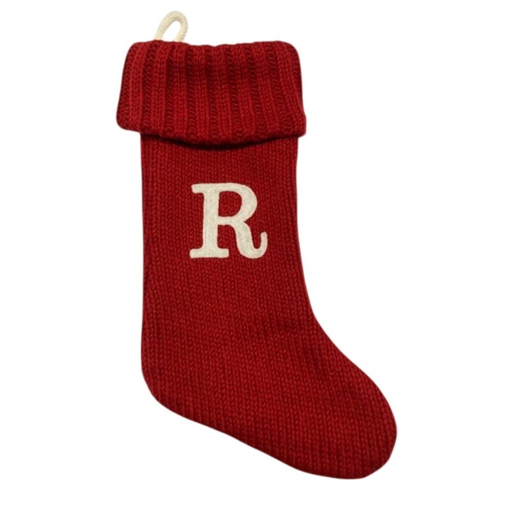 Wondershop red knit Christmas stocking with white "R".